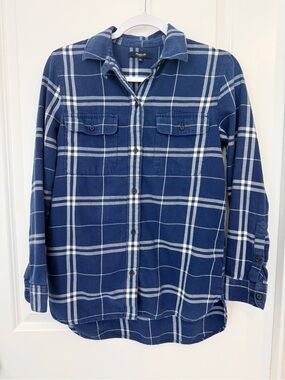 Madewell Button Down Ex-Boyfriend Flannel Shirt in Aurora Plaid Blue White Small